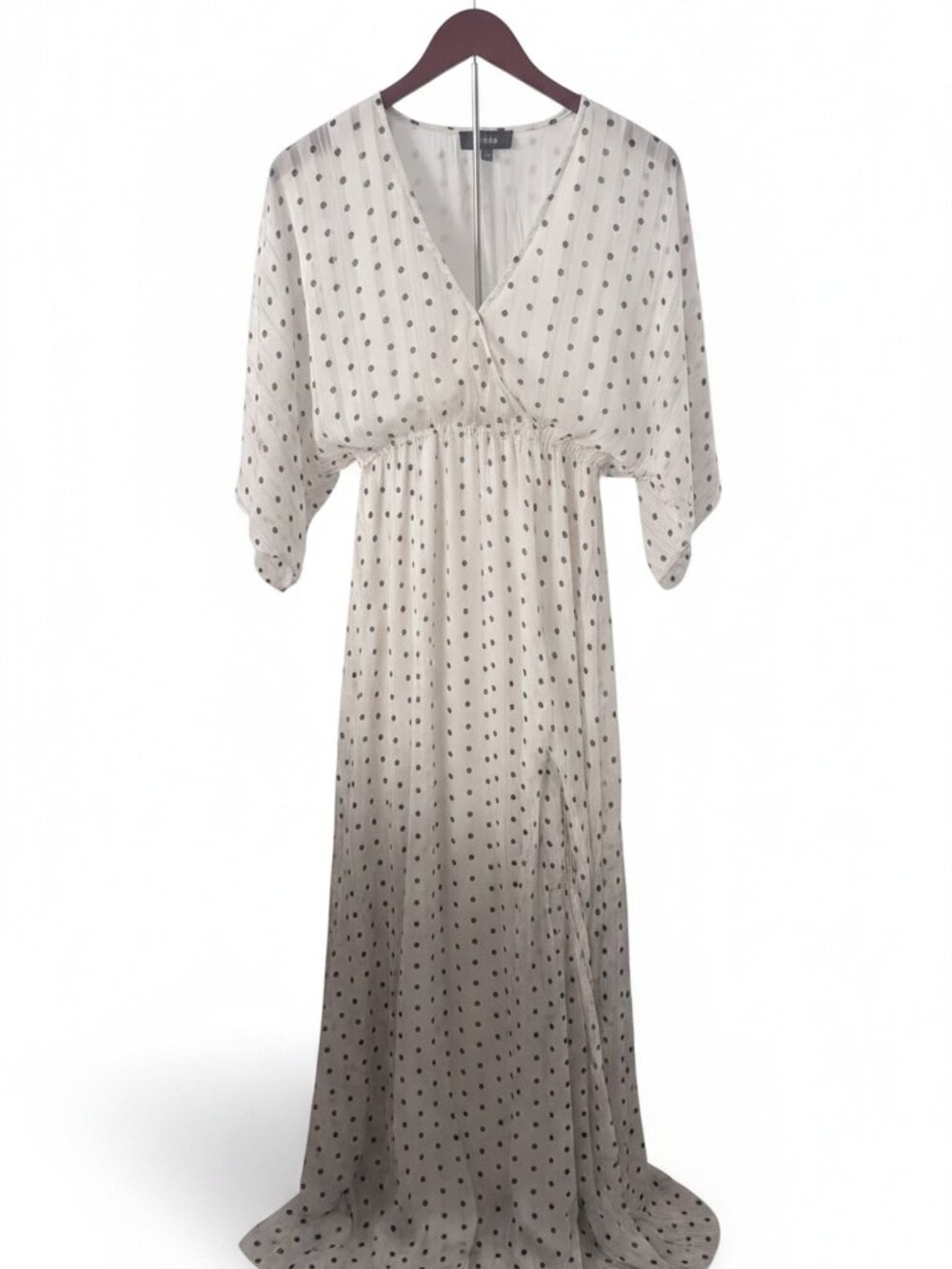 Aakaa Polka Dot Maxi Dress – V‑Neck Puff Sleeve Cinched Waist – Small